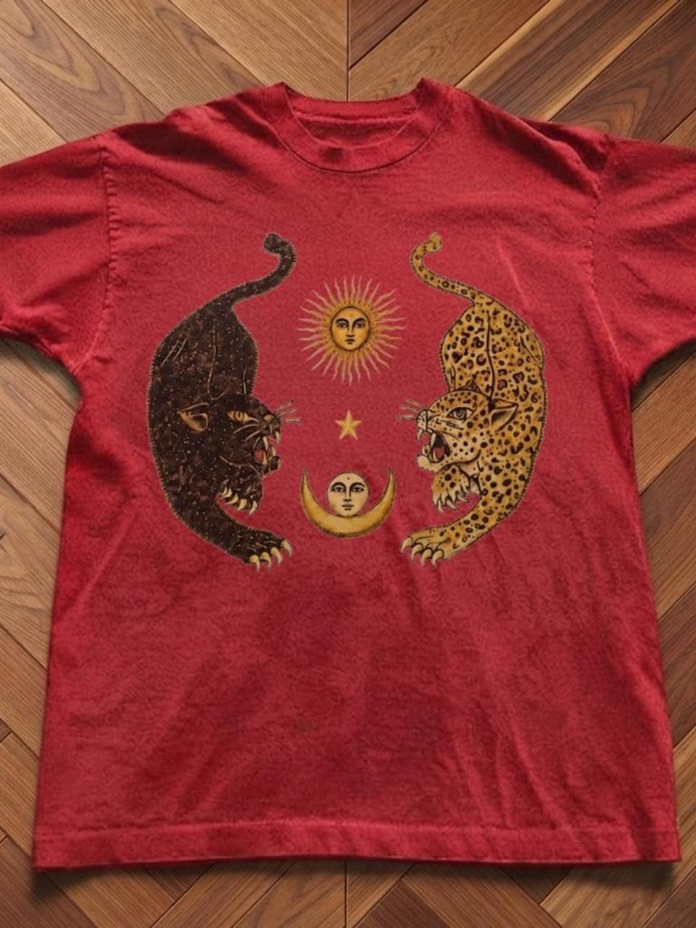 Red Short Sleeve Tee with Black & Yellow Sun, Moon and Leopard Graphic